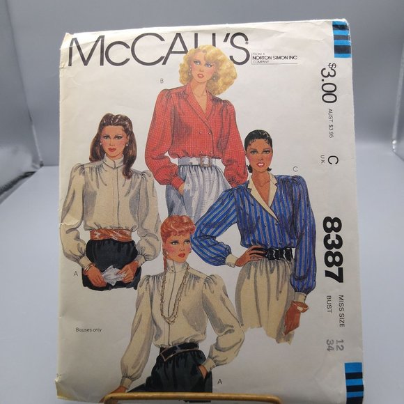 Vintage Sewing PATTERN McCalls 8387, Misses 1983 Blouses, Size 12 - Picture 1 of 2